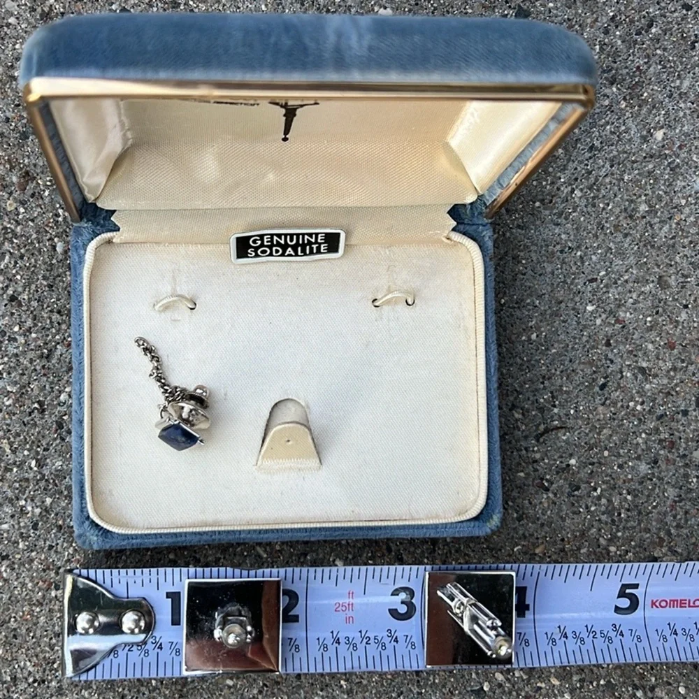 🔹Vintage Set of Genuine Sodalite Cufflinks & Matching Tie Tack — Blue / Silver